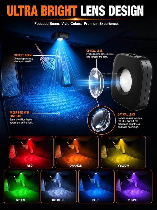 4PCS Car LED Lights Interior Wireless, 7 Color Ambient Lighting | USB-C Rechargeable 15H Runtime, Smart Sync Car Decor Gifts for All Vehicle Truck RV SUV Motorcycle Men Women Teens - Image 2