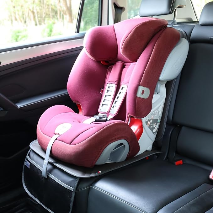 Viaviat Car Seat Protector Leather Waterproof Child Safety Seat Protector Cover with Thick Pad and 2 Large Pockets Durable Kick Mat for All Auto Seat (Brown) - Image 2