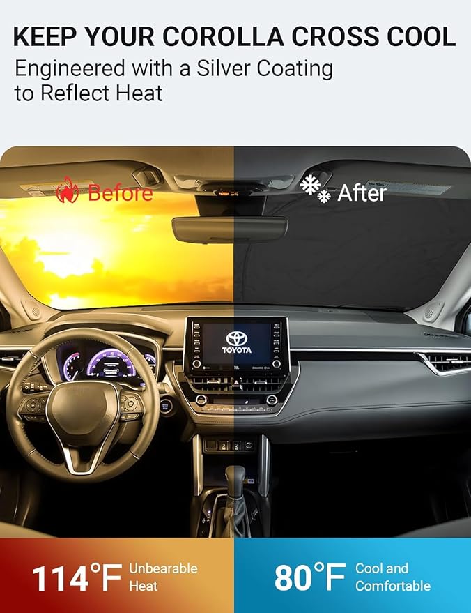 Proadsy Custom Fit 2022-2026 Toyota Corolla Cross Car Windshield Sun Shade | 240T Heat Shield, Drops Temp 54°F, Blocks 99% UV, Prevents Dashboard Cracking, Summer Parking & Beach Trips, Easy Twist-Fold - Image 3
