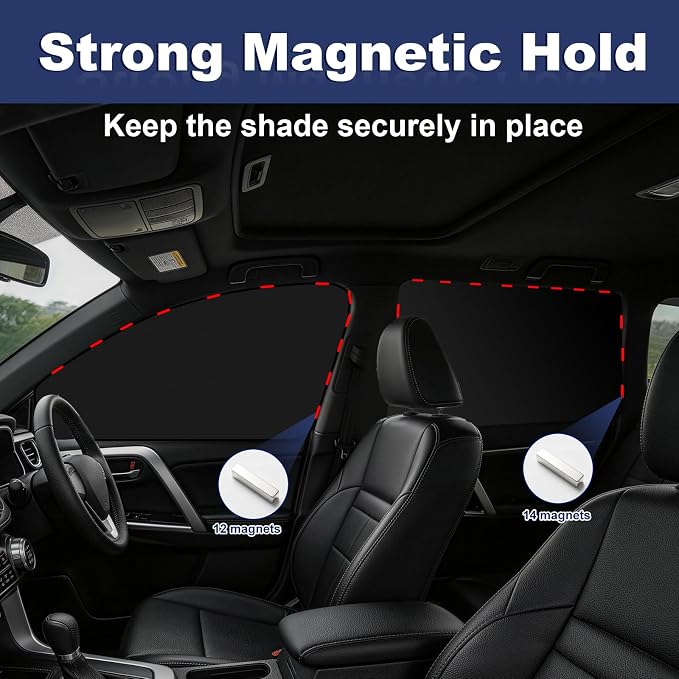 XCBYT Magnetic Car Window Shades for Side Window, 100% Blackout Privacy | 4-Pack Heat & UV protection reflective cooling for camping and work break. Fits iron frames only, measure first - Image 4
