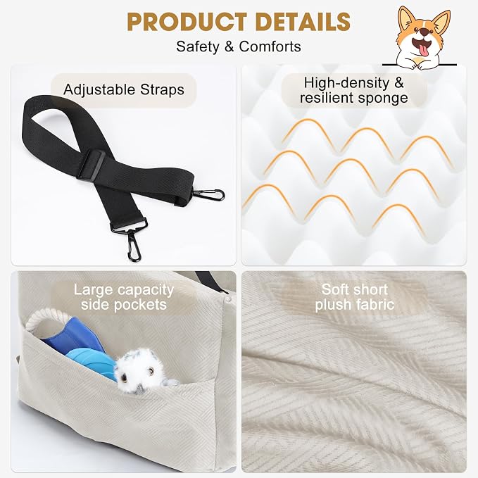 JOEJOY Dog Car Seats for Small Medium Dogs Under 35lbs, Dog Booster Seat with Detachable Washable Cover and Cushion, Memory Foam Pet Car Seat with Safety Belt and Storage Pockets (BGE) - Image 5