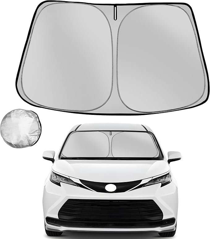 Windshield Sun Shade for 2021-2025 2026 Toyota Sienna Mini Van | Foldable Sun Sunshade for Car Front Window Blocks UV Rays and Heat Automotive Interior Protector Custom Fit Accessories by Fonowka