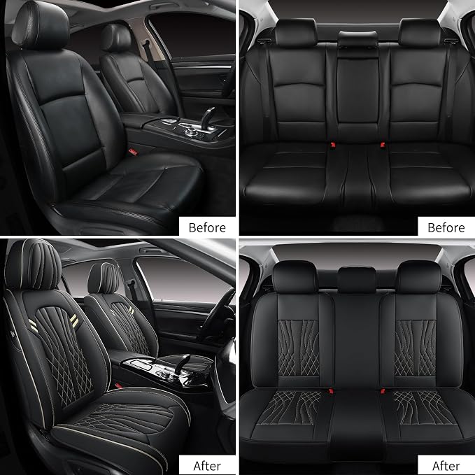 MINGBRON Leather Car Seat Covers 5 Pieces, Full Set Universal Seat Covers for Cars, Waterproof Nappa Leather Auto Seat Protectors, Black Car Seat Cover Most Sedans SUV Pick-up Truck Black&BeigeLine - Image 3