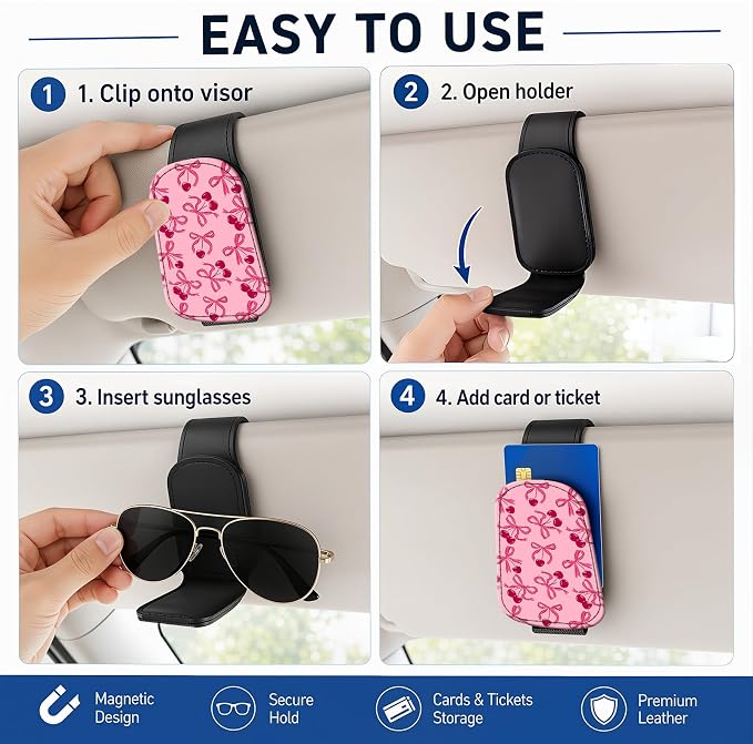 Leather Magnetic Sunglass Holder for Car Sun Visor, Cute Eyeglass Ticket Card Hanger Clip, Universal Auto Interior Accessories for SUV Pickup Truck, Pink Bow - Image 5
