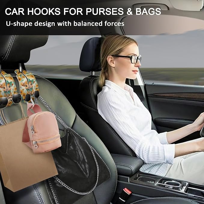 Blusabaca 2PCS Car Hooks for Purses Bags, Highland Cow Cattle Artwork Modern Seat Back Storage Headrest Holder Hanger PU Leather Double Metal Backseat Organizer, Women Car Accessories Organization - Image 2
