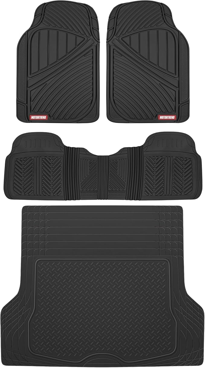 Motor Trend FlexTough™ Baseline Rubber Car Floor Mats with Trunk Mat Cargo Liner, Front & Rear Combo Set fits Most Car SUV Van Coupe Sedan, Heavy Duty All Weather Trim to Fit by MotorTrend