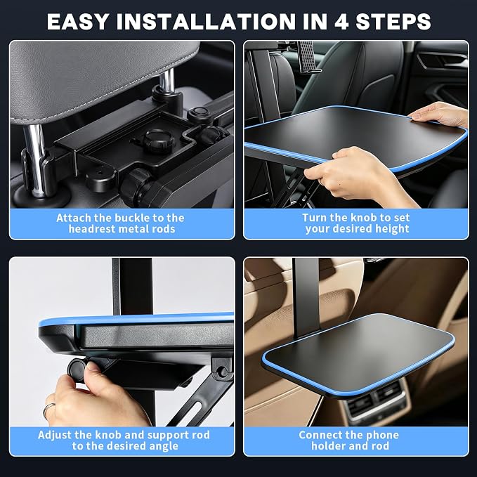 Large Car Tray Table for Back Seat with Adjustable Height | Foldable Car Desk for Laptop , Hidden Cup Holder & Phone Holder, Heavy Duty Travel Food Tray for Eating Working Road Trips - Image 8