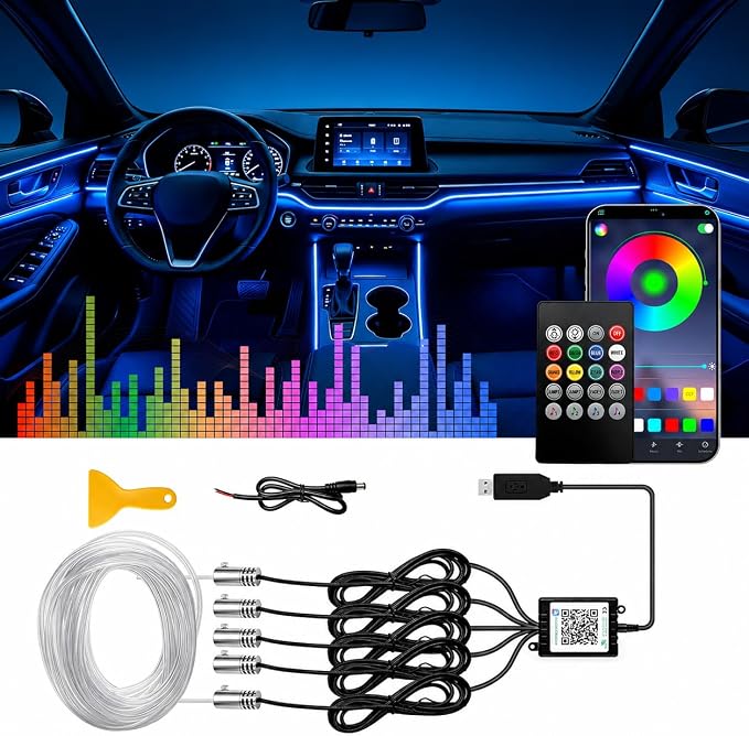 Interior Car LED Strip Lights, 5 in 1 RGB Ambient Lighting with 236 Inches Fiber Optic, Wireless APP Control Music Mode Inside Car Lighting Decorations for Cars, Trucks, Vans, SUVs by Vynthvy