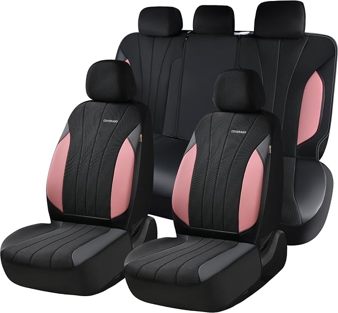 Coverado Seat Covers 5 Seats, Luxury Car Seat Covers Full Set, Automotive Car Protectors, Pink Driver Seat Covers, Car Accessories Universal Fit for SUVs, Trucks, Sedans by COVERADOAUTO