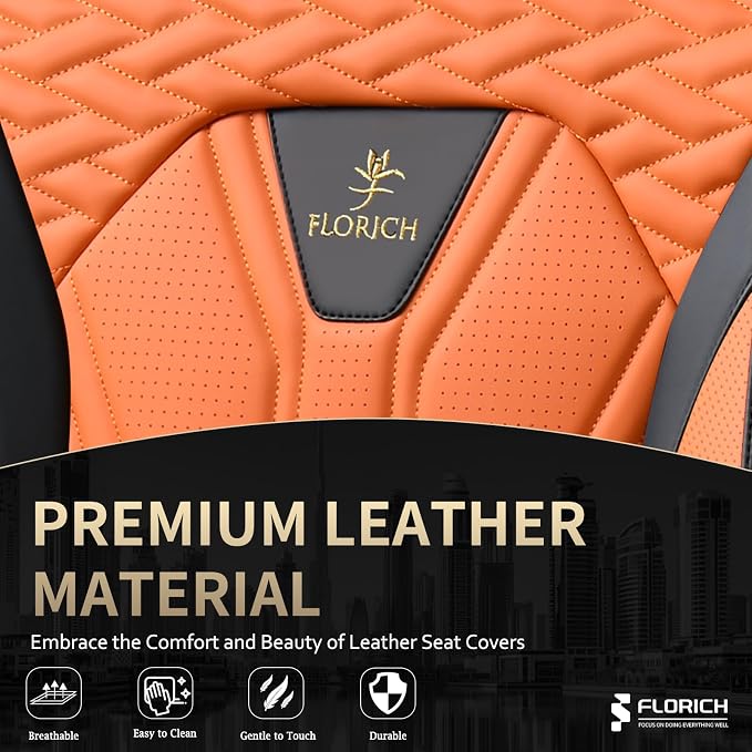 Leather Seat Covers, Car Seat Covers Full Set, Car Seat Protectors 5 Seats, Automotive Seat Covers Driver Seat Covers Fit for Most Cars Trucks SUV-Black&Orange - Image 7
