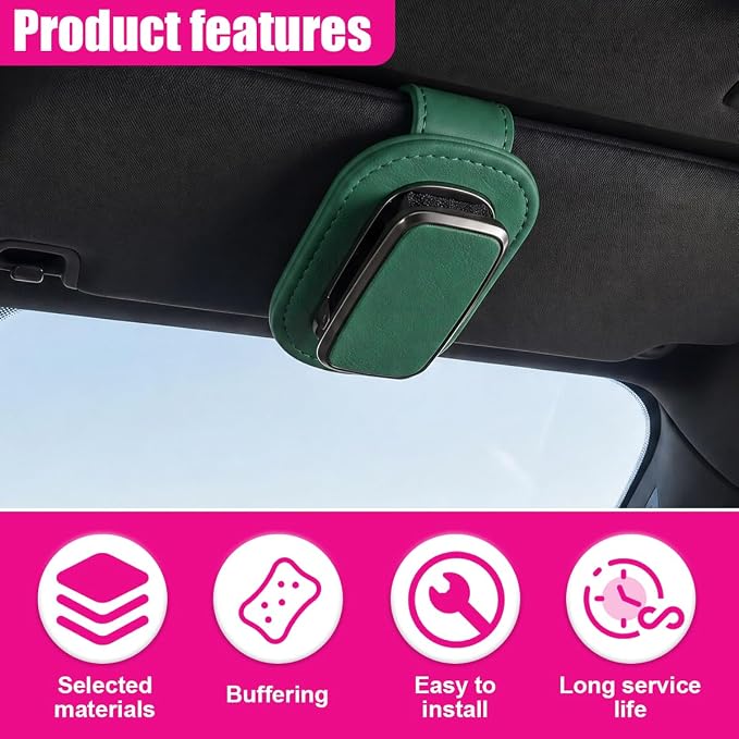 Car Sunglass Holder, Leather Car Sun Visor Eyeglasses Clip with Anti-Scratch Soft Padding, One-Handed Operation Auto Interior Glasses Organizer for Most Cars, Trucks, SUVs (Green) - Image 4