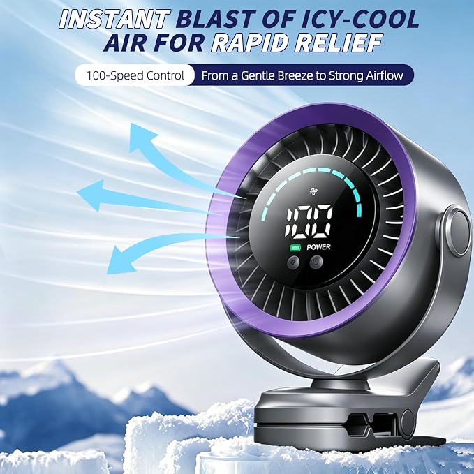 Portable Clip on Fan, Rechargeable USB Desk Fan with Turbo Airflow, 100 Speeds LED Display, 360° Rotation, Small Quiet Battery Powered Fan for Stroller Outdoor Travel Camping Golf Cart, Grey - Image 3