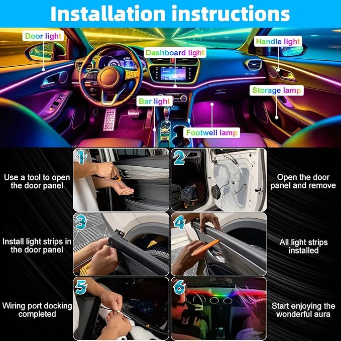Acrylic Interior Car Ambient Lighting Kits, LED Strip Lights with Wireless APP, Neon Fiber Optic Lights Function LED Strip for Car with Music Modes (18 in 1) - Image 9