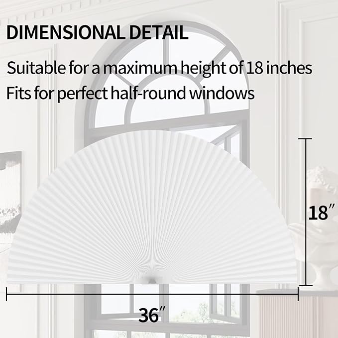 Myshade Arch Window Shades Half Circle Light Filtering Cellular Shades Cordless No Drill Blinds for Windows Half Moon Honeycomb Fabric No Tools Shades Easy Install (1PCS White 36" W X 18" H) - Image 3