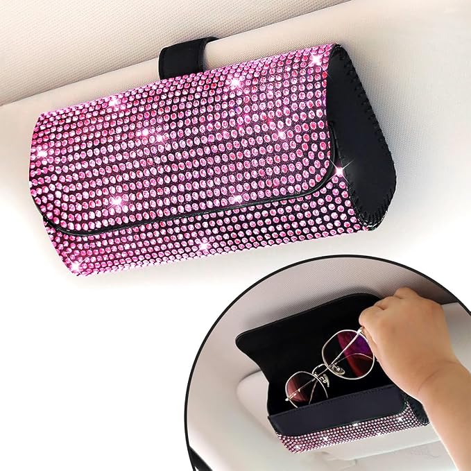 Osilly Bling Car Sunglass Holder for Sun Visor, Sparkling Crystal Leather Automotive Eyeglasses Mount Clip Organizer with Hidden Magnetic Closure for Men Women, Universal for SUV Truck Van（Pink） - Image 6