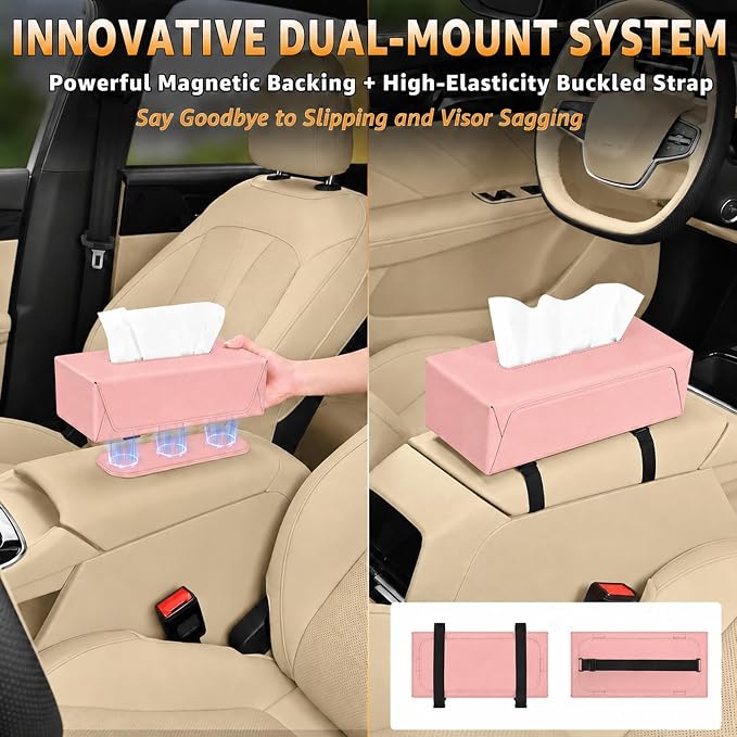 Car Tissue Holder with Magnetic & Strap Mount, Pink, 1 Pack | PU Faux Leather, For Sun Visor, Seat Back, Console, Refrigerator, Fits Standard Tissue Packs - Image 2