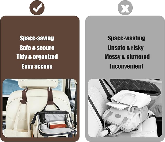2-Pack Car Headrest Hooks, 1.1-Inch Wide Purse Hangers, Brown | Microfiber leather hooks with built-in metal cores keep purses, groceries and backpacks organized and within reach - Image 7