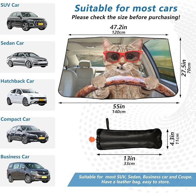Fun Cute Cat Driving Windshield Sun Shade Umbrella Foldable Car Front Window Sunshade Blocks UV Rays Heat Keep Vehicle Cool (55" x 27.5") - Image 4