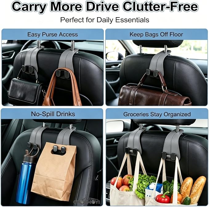 Leather Car Bag Hooks, 2 Pack Headrest Hooks for Handbags & Groceries(Grey) | Double Hook Anti-Drop Design, Holds Up to 50 lbs, Purse Holder, Car Organization, Vehicle Accessories - Image 7