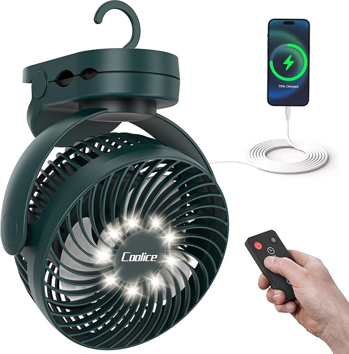Camping Fan with Remote Control - 12000mAh Rechargeable Battery Powered Fan, Camping Fans for Tents with LED light & Hanging Hook, Rechargeable Battery Operated Ceiling Fans for Tent RV Bed, Green by Coolice