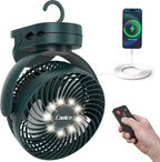 Camping Fan with Remote Control - 12000mAh Rechargeable Battery Powered Fan, Camping Fans for Tents with LED light & Hanging Hook, Rechargeable Battery Operated Ceiling Fans for Tent RV Bed, Green by Coolice