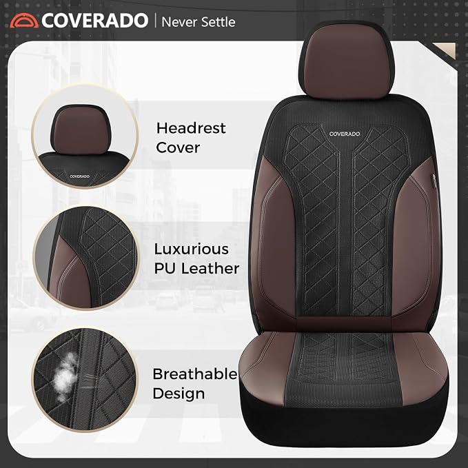 Coverado Seat Covers for Car 5 Seats, Leather Car Seat Covers Fullset, Breathable Mesh Front and Rear Protectors, Coffee Luxury Automotive Covers, Universal Fit for SUV, Truck, Sedan - Image 3