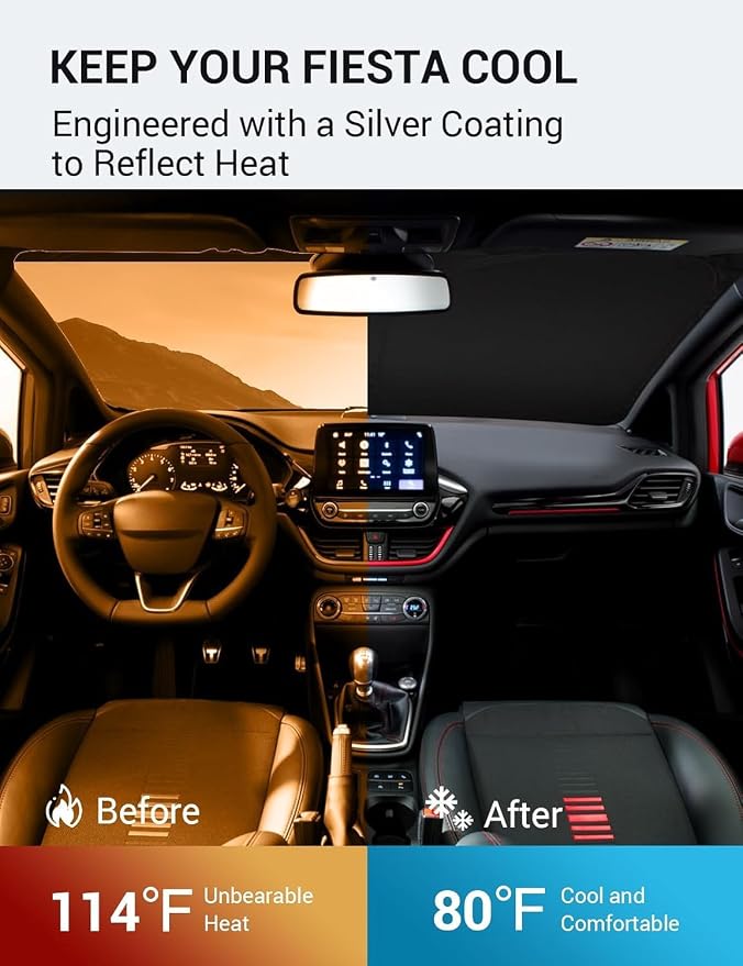 Proadsy Custom Fit 2017-2019 Ford Fiesta Windshield Sun Shade, Blocks Heat | 240T Heat Shield, Drops Temp 54°F, Blocks 99% UV, Prevents Dashboard Cracking, Summer Parking & Beach Trips, Easy Twist-Fold - Image 3