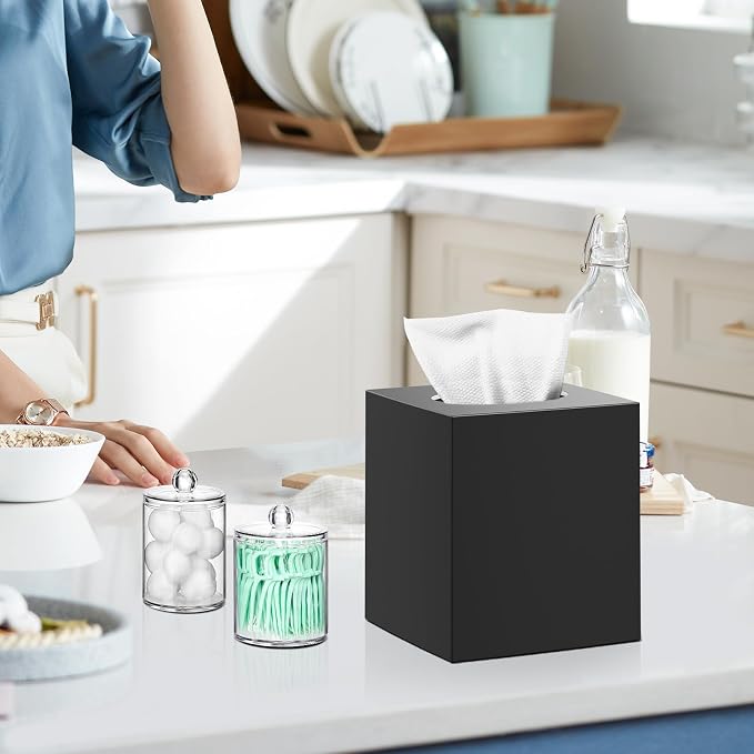Square Acrylic Tissue Box Cover with 2 Pcs Qtip Holder Dispenser,Black | Modern decor,plastic,bathroom vanity storage organizer set,non-slip,Easy to refill,size compatibility for tissue & rolls - Image 2