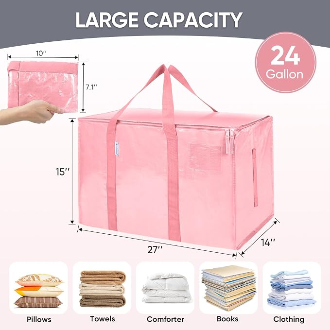 TICONN 4 Pack Extra Large Moving Bags Heavy Duty with Zippers & Carrying Handles, Durable Storage Bags Moving Boxes for Closet Organizers and Storage (4 Pack, Coral) - Image 5