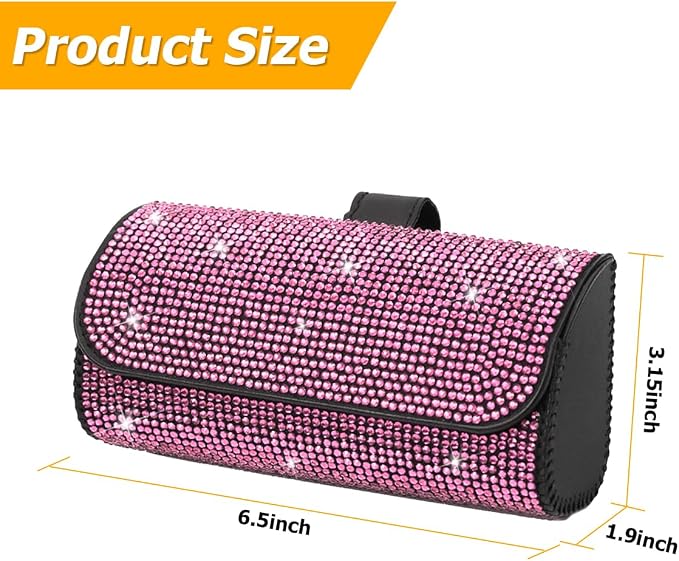 Osilly Bling Car Sunglass Holder for Sun Visor, Sparkling Crystal Leather Automotive Eyeglasses Mount Clip Organizer with Hidden Magnetic Closure for Men Women, Universal for SUV Truck Van（Pink） - Image 2