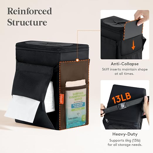 Lifewit Car Trash Can with Lid, Garbage Bag Hanging, Trash Bin, 2 Gallon | Leakproof, Waterproof, Tissue Holder, Adjustable Straps, Magnetic Snaps, Automotive Interior Accessories, Black - Image 3