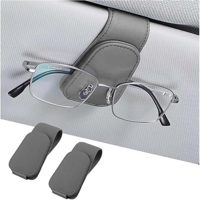 AICEL 2PCS Sunglasses Holders for Car Sun Visor, Magnetic Clip, Gray | Leather Eyeglasses Hanger Mounter, Magnetic Glasses Holder and Ticket Card Clip, Car Accessories, Universal Fit by AICEL