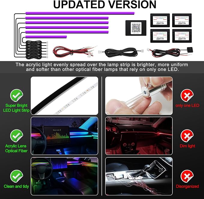 Acrylic Interior Car LED Strip Light with Wireless APP, RGB 6 in 1 with 175 inches 593 LEDs Fiber Optic Ambient Lighting Kits, 16 Million Colors Sound Active Function Car Neon Lights - Image 5