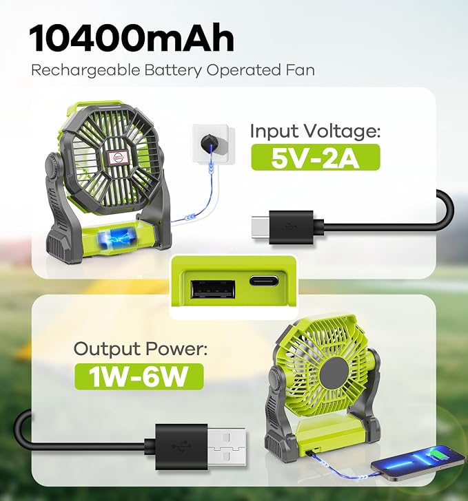 DOWILLDO 10400mAh Portable Battery Powered Camping Fan - with LED Light, Quiet Battery Operated, Camping Gear for Travel, Tent, Beach, Car or Hurricane Power Outages, Green - Image 2