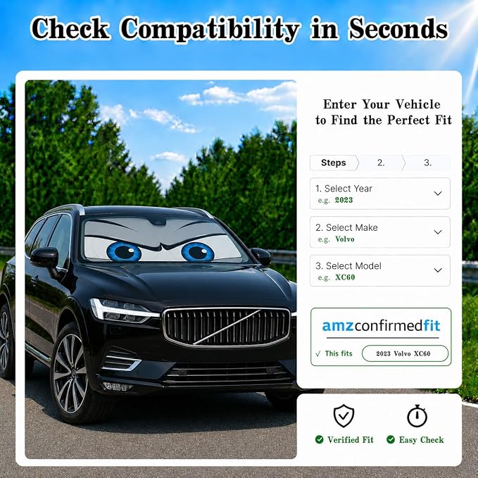 Car Windshield Sun Shade, Universal Fit Midsized Sedan SUV, Cool Gray | 61 x 31.5" Windshield Cover, Foldable Front Window Sunshade, UV Heat Protection, Cute Eyes Series - Image 9