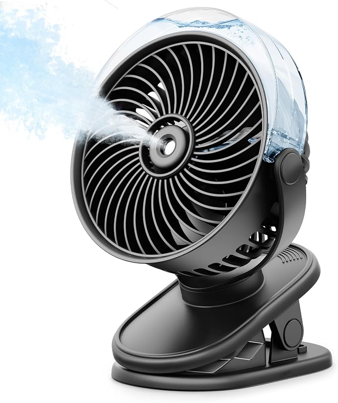 SWEETFULL Portable Misting Clip On Fan, USB-C Rechargeable Mini Personal Cooling Fan with 4 Speeds, 360° Rotatable, Quiet Cooling for Outdoor, Camping, Golf Cart, Travel, Stroller & Desk (Black) by SWEETFULL