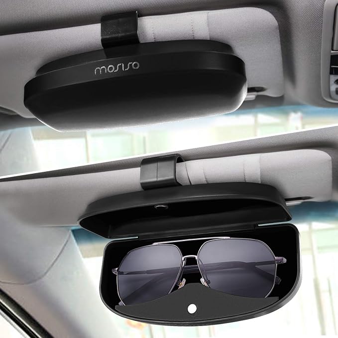 MOSISO Car Visor Sunglasses Case, ABS Eyeglasses Holder Protective Box | Universal Automotive Clip Eyewear Hard Shell Storage Organizer with Magnetic Closure and Double Card Clamp, Piano Black - Image 2