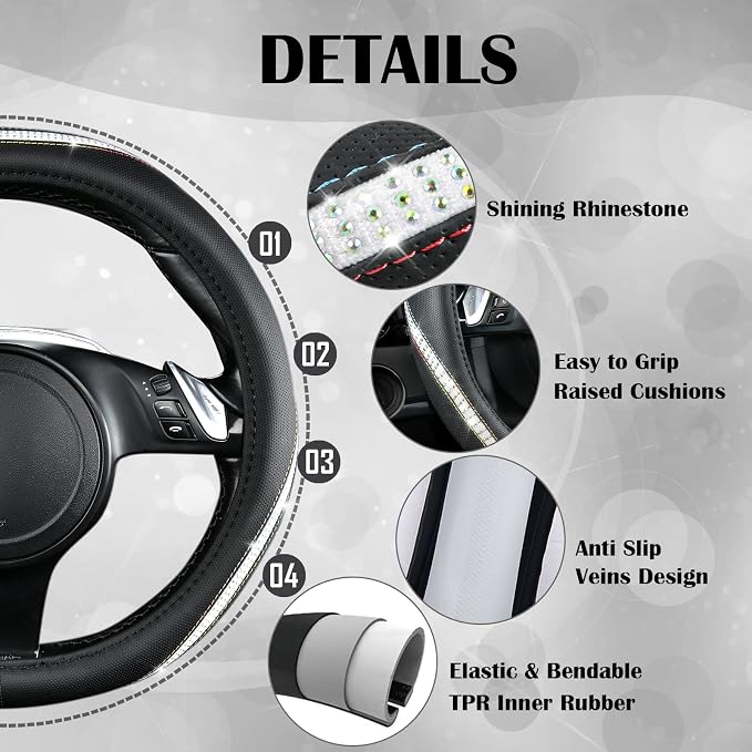 CAR PASS Bling Diamond Black Leather Steering Wheel Cover, Studded Crystal Rhinestones Universal Fit 14" 1/2-15" Glitter for Women Sparkle Girl Fit Suvs,Vans,Sedans,Car,Trucks, Multicolor Diamond - Image 6