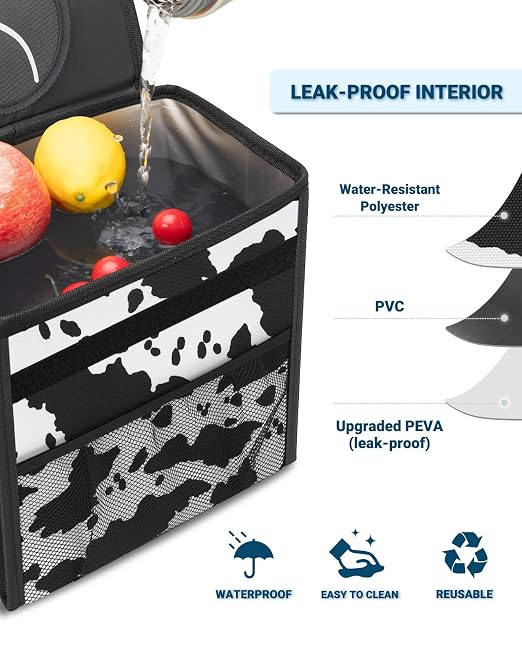 Capolo Car Trash Can with Lid, Leakproof Car Garbage Can Car Trash Bag | Waterproof, Trash Can for Car, 3 Mesh Pockets, Mini Hanging Vehicle Car Trash Bin, for Back/Front Seat (Cow Print,3 Gal) - Image 4