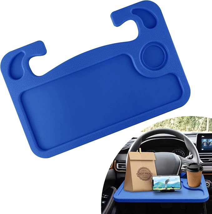 Car Steering Wheel Desk, Portable Car Tray, Durable Multi-Functional Travel Workstation with Cup Holder, Car Essentials Portable Laptop Tray & Eating Table for Most Vehicles Road Trip (Blue) by Unknown