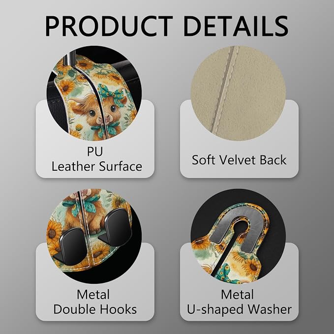 Blusabaca 2PCS Car Hooks for Purses Bags, Highland Cow Cattle Artwork Modern Seat Back Storage Headrest Holder Hanger PU Leather Double Metal Backseat Organizer, Women Car Accessories Organization - Image 4