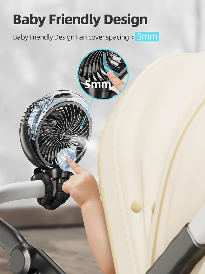 Misting Stroller Fan, 6000mAh Battery Operated Portable Fan with Light & 360° Pivoting, Personal Fans with Flexible Tripod for Baby, Office, Travel,Treadmill,Outdoors - Image 4