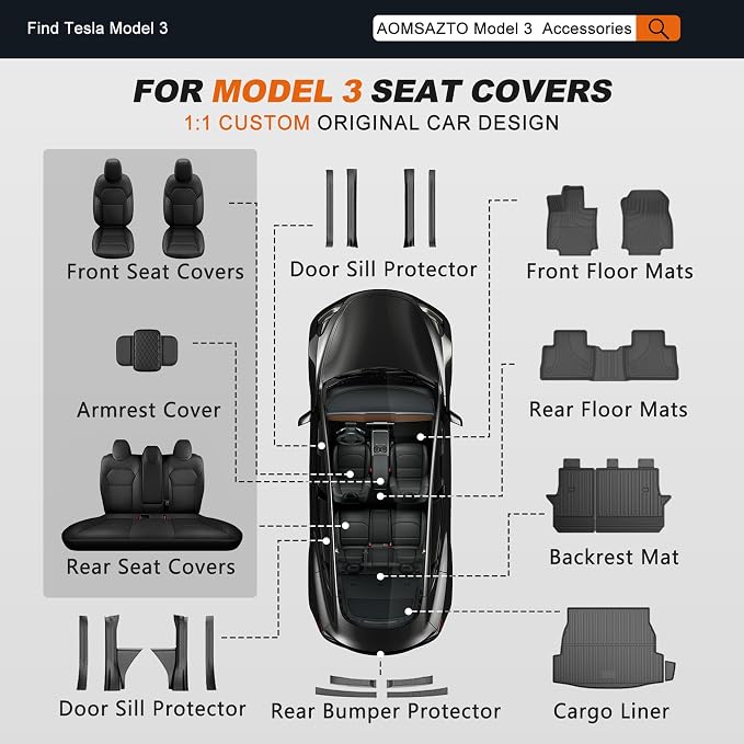 AOMSAZTO Car Seat Cover Fit for Tesla Model 3 2024 2025 (Not for Performance) - Full Set Black Seat Covers(with Armrest Cover) - Image 9