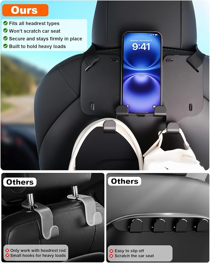 Car Seat Headrest Hooks with Phone Holder, Car Hooks for Purses and Bags | Adjustable Design | Fits All Headrest Types | Car Purse Hook Ideal for Tesla, Bmw, Honda, Suv & Trucks | Purse Hanger for Car - Image 2