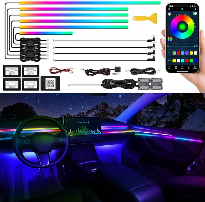 Dreamcolor Acrylic Interior Car LED Strip Light with Wireless APP, RGB 14 in 1 with 175 inches 593 LEDs Fiber Optic Ambient Lighting Kits, 16 Million Colors Sound Active Function Car Neon Lights by MAODANER