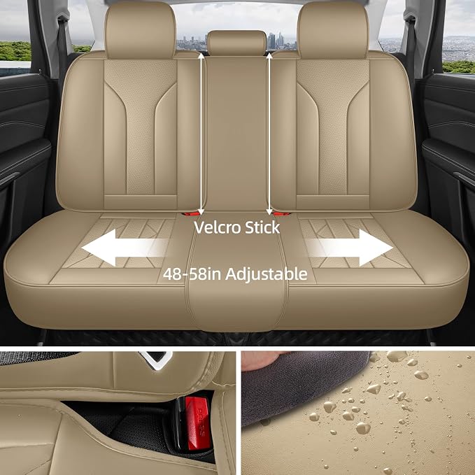 HChengkikz Car Seat Covers Full Set, Full-Wrap Faux Leather (Beige) | Universal Fit for SUV Truck Pickup Sedan, Waterproof with Memory Foam Lumbar Support, Airbag Compatible - Image 6