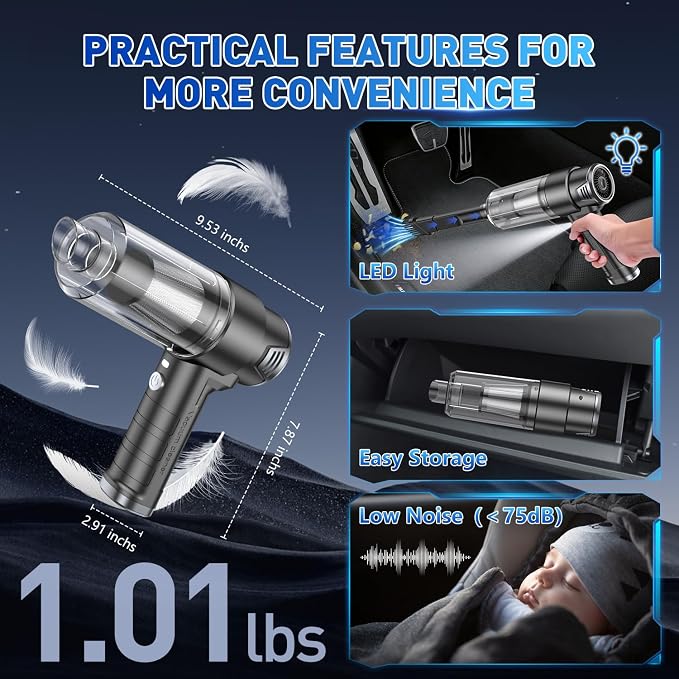 KMM Handheld Car Vacuum Cleaner, 10000PA Hand Held Vacuum & Air Duster | Strong Suction, Cordless, 120W High Power, Portable, Multi-Nozzles & LED Light, for Home, Car, Office - Image 7