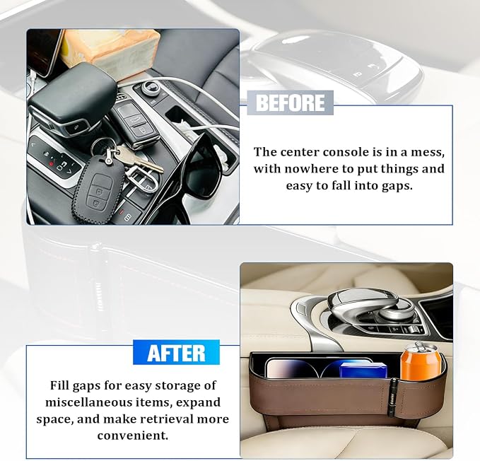 Car Seat Gap Filler Organizer with Cup Holder Expander, Leather Console Seam Filler Storage Box, Auto Front Seat Gap Organizer for Phones Keys Glasses, Universal Fit (Brown Passenger) - Image 6