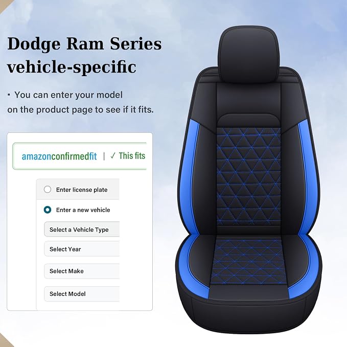 Coverado RAM Seat Cover Full Set, Leather Seat Covers Fit for Dodge RAM 1500, Truck Seat Covers Custom Fit for 2002-2026 Dodge RAM 1500 2500 3500 Crew Quad Cab with Curved Bench, Blue - Image 9