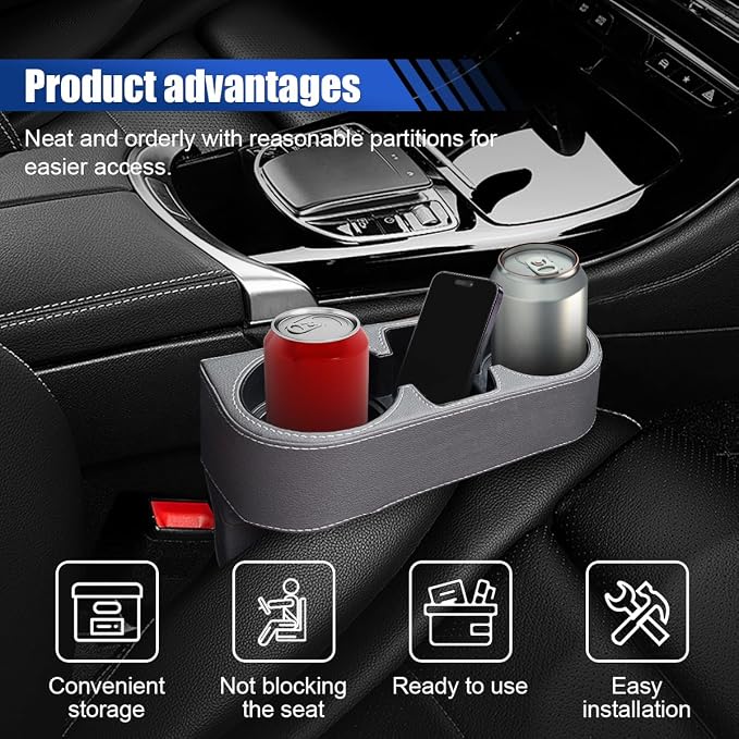 KITUREK Car Cup Holder, PU Leather Cover Auto Front Seat Organizer, Grey | Multifunctional Cup Drink Holder, Gap Filler Coin Bucket Storage Box, Console Side Pocket, Cell Mobile Phone Holder - Image 4